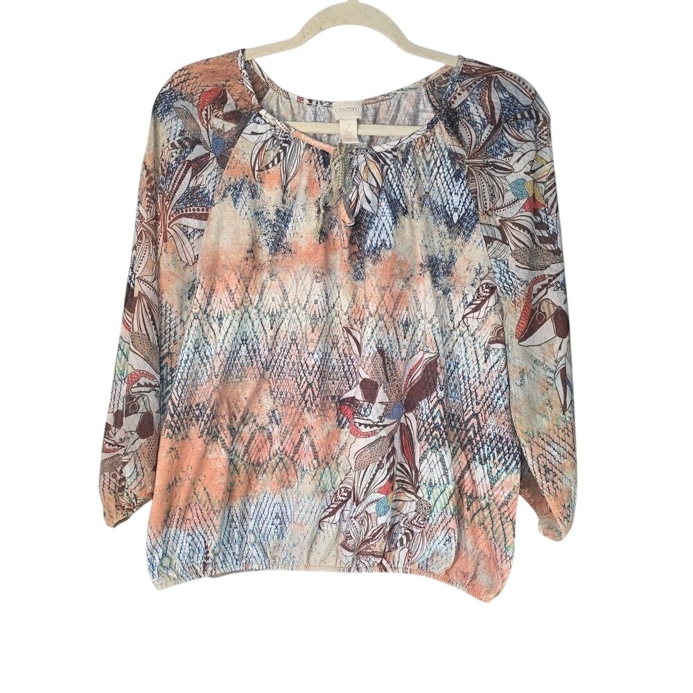 Chico's SZ  Large Boho Floral Abstract Peasant Blouse Lightweight 3/4 Sleeve Top